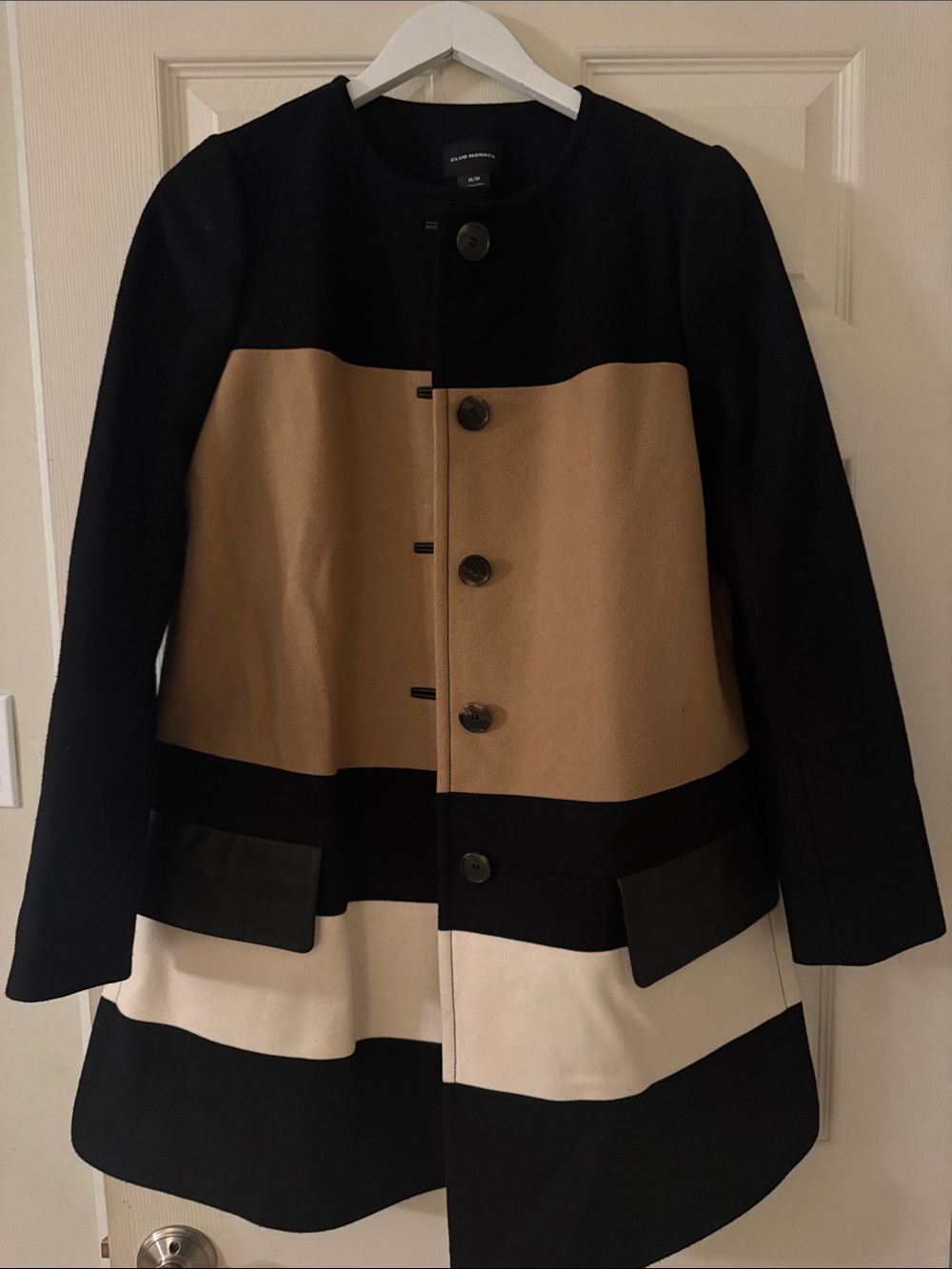 Club Monaco Black, Camel & Cream Colorblock Wool Pea Coat